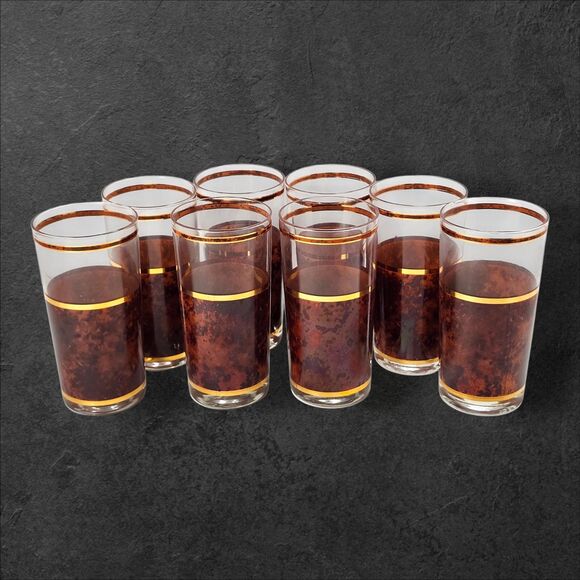 8 Vintage Culver Tortoiseshell Brazilian Brown Highball Glasses 22K Gold Barware - Picture 2 of 10